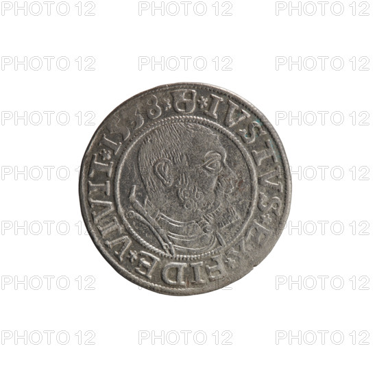 grosz; Vogelwaider (Vogelwaid), Eustachius; publisher Decius, Jost Ludwik (fl. 1528–1535). 1538. Ducal Prussia (1525–1701), Königsberg. Coin (grosz): diameter 23.4 mm, weight 2.02 g, axis 190°. Obverse: Prussian eagle, on its chest a crowned letter S; rim between pearl borders with inscription beginning with a rosette AL, ER*D*G*MAR*BR, *DVX*PRVSS. Reverse: male bust in armor, profile to the right, short hair, beard with sideburns; rim between pearl borders with inscription beginning with the Hohenzollern coat of arms *IVSTVS*E, *FIDE*VIVIT*I538*. Iconography: eagles, Hohenzollern (coat of arms), Albrecht Hohenzollern (Prince of Prussia; 1490–1568).