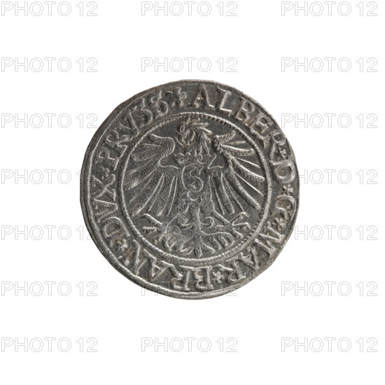 grosz; Vogelwaider (Vogelwaid), Eustachius, publisher; Decius, Jost Ludwik (fl. 1528–1535); Albrecht Hohenzollern (Prince of Prussia; 1490–1568). Iconography: eagles, Hohenzollern coat of arms, male busts in armor. Obverse: Prussian eagle with a crowned letter S on its chest; on the rim between the pearl borders an inscription beginning with a rosette ALBER*D*G*MAR*BRAN*DVX*PRVSS. Reverse: male bust in armor, profile turned to the right, short hair, beard with sideburns; on the rim, between the pearl borders, an inscription beginning with the Hohenzollern coat of arms: *IVSTVS*EX*FIDE*VIVIT*I538*. Date: 1538. Place: Ducal Prussia (1525–1701), Königsberg. Object: coin; diameter 23.5 mm; weight 2.03 g; axis 240°.