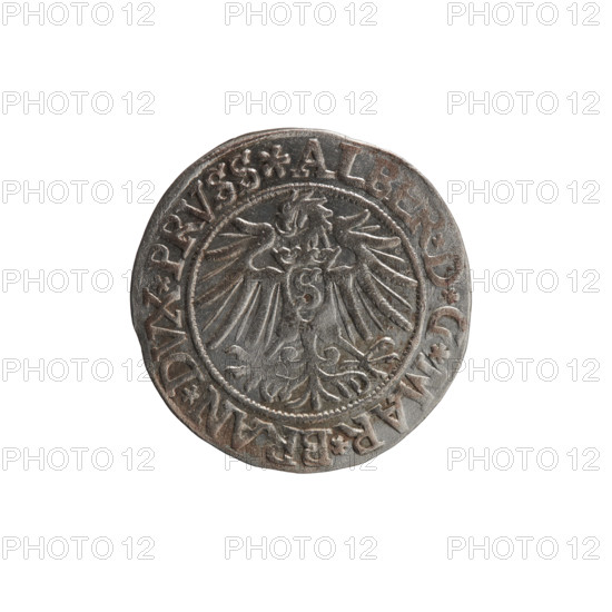 grosz, Decius, Jost Ludwik (fl. 1528–1535), Vogelwaider (Vogelwaid), Eustachius, publisher, Albrecht Hohenzollern (Prince of Prussia; 1490–1568) — iconography: eagles, male busts in armor, Hohenzollern (coat of arms). Obv.: Prussian eagle, on its chest a crowned letter S; on the rim between the pearl borders an inscription beginning with a rosette AL, D*G*MAR*BRAN*DVX*PRVSS. Rev.: male bust in armor, profile turned to the right, short hair, beard with sideburns; on the rim between the pearl borders an inscription beginning with the Hohenzollern coat of arms: *IVSTVS*, X*FIDE*VIVIT*I538*. 1538. Ducal Prussia (1525–1701), Königsberg. Coin: diameter 23.4 mm, weight 2.02 g, axis 180°.