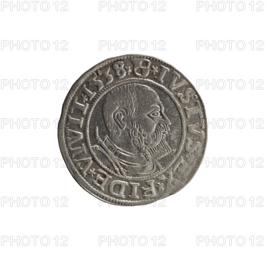 grosz, Decius, Jost Ludwik (fl. 1528-1535), Vogelwaider (Vogelwaid), Eustachius, publisher, Albrecht Hohenzollern (Prince of Prussia; 1490-1568) - iconography, eagles, male busts in armor, Hohenzollern (coat of arms). Obv.: Prussian eagle, on its chest a crowned letter S; on the rim between the pearl borders an inscription beginning with a rosette AL, D*G*MAR*BRAN*DVX*PRVSS. Rev.: male bust in armor, profile turned to the right, short hair, beard with sideburns; on the rim between the pearl borders an inscription beginning with the Hohenzollern coat of arms: *IVSTVS*, X*FIDE*VIVIT*I538*. 1538. Ducal Prussia (1525–1701), Königsberg. Coin: diameter 23.4 mm, weight 2.02 g, axis 180°.