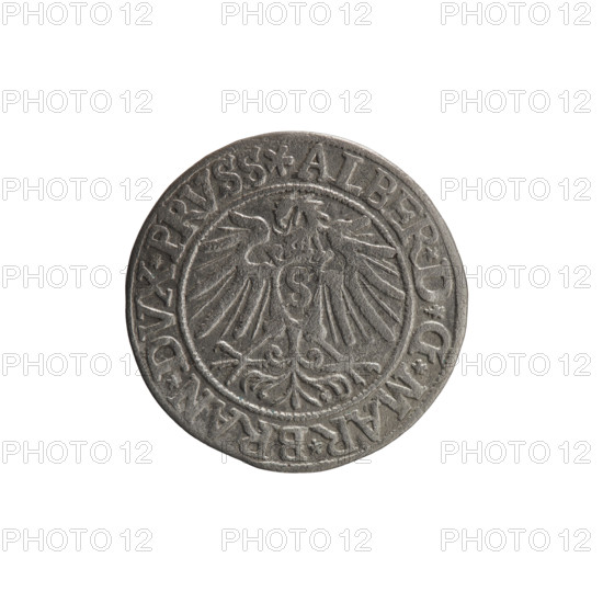 grosz; Vogelwaider (Vogelwaid), Eustachius, publisher; Decius, Jost Ludwik (fl. 1528–1535); eagles; Albrecht Hohenzollern (Prince of Prussia; 1490–1568) — iconography; Hohenzollern (coat of arms); male busts in armor. Obverse: Prussian eagle, on its chest a crowned letter S; on the rim between the pearl borders an inscription beginning with a rosette ALBER*D*G*MAR*BRAN*DVX*PRVSS. Reverse: male bust in armor, profile turned to the right, short hair, beard with sideburns; on the rim between the pearly borders an inscription beginning with the Hohenzollern coat of arms: *IVSTVS*EX*FIDE*VIVIT*I538*. Date: 1538, Königsberg, Ducal Prussia (1525–1701). Coin: diameter 23.2 mm, weight 1.80 g, axis 315°.