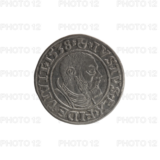 Obverse: Prussian eagle; on its chest a crowned letter S. On the rim between the pearl borders an inscription beginning with a rosette ALBER*D*G*MAR*BRAN*DVX*PRVSS. Reverse: male bust in armor, profile turned to the right, short hair, beard with sideburns; on the rim, between the pearly borders, an inscription beginning with the Hohenzollern coat of arms: *IVSTVS*EX*FIDE*VIVIT*I538*. Maker/publisher: Grosz; Vogelwaider (Vogelwaid), Eustachius; Decius, Jost Ludwik (fl. 1528–1535). Subject/iconography: Albrecht Hohenzollern (Prince of Prussia; 1490–1568), Hohenzollern coat of arms, eagles, male busts in armor. Date and place: 1538, Königsberg, Ducal Prussia (1525–1701). Object: coin. Measurements: diameter 23.2 mm; weight 1.80 g; axis 315°.