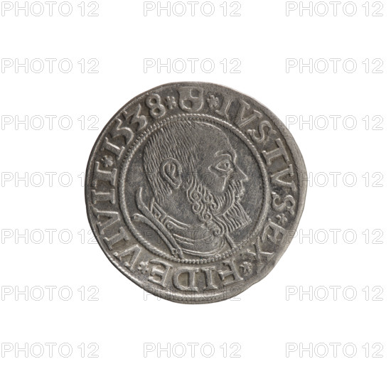 Obverse: Prussian eagle, on its chest a crowned letter S. On the rim between the pearl borders an inscription beginning with a rosette ALBER*D*G*MAR*BRAN*DVX*PRVSS. Reverse: Male bust in armour, profile turned to the right, short hair, beard with sideburns; on the rim, between the pearl borders, an inscription beginning with the Hohenzollern coat of arms: *IVSTVS*EX*FIDE*VIVIT*I538*. Maker/publisher: grosz; Vogelwaider (Vogelwaid), Eustachius; Decius, Jost Ludwik (fl. 1528–1535). Subject/associations: eagles; Albrecht Hohenzollern (Prince of Prussia; 1490–1568) — iconography; Hohenzollern (coat of arms). Date: 1538. Place: Ducal Prussia (1525–1701), Königsberg. Object: coin; diameter 23.5 mm; weight 1.92 g; axis 225°.
