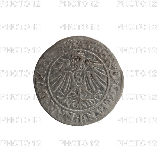 grosz; Vogelwaider (Vogelwaid), Eustachius, publisher; Decius, Jost Ludwik (fl. 1528-1535). Obverse: Prussian eagle, on its chest a crowned letter S; on the rim between the pearl borders an inscription beginning with a rosette A, ER*D*G*MAR*BRAN*DVX*. Reverse: male bust in armor, profile turned to the right, short hair, beard with sideburns; on the rim between the pearl borders an inscription beginning with the Hohenzollern coat of arms: *IVSTVS, FIDE*VIVIT*I538*. 1538. Ducal Prussia (1525–1701), Königsberg. Coin; diameter 23.2 mm; weight 1.85 g; axis 290°.