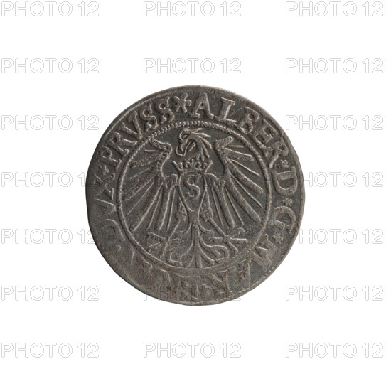 grosz; Vogelwaider (Vogelwaid), Eustachius, publisher; Decius, Jost Ludwik (fl. 1528–1535); Albrecht Hohenzollern (Prince of Prussia; 1490–1568). Obverse: Prussian eagle, on its chest a crowned letter S; on the rim between the pearl borders an inscription beginning with a rosette AL, D*G*MAR*BRAN*DVX*PRVSS. Reverse: male bust in armor, profile turned to the right, short hair, beard with sideburns; on the rim between the pearl borders an inscription beginning with the Hohenzollern coat of arms: *IVSTVS*EX*FIDE, I538*, 1538. Königsberg, Ducal Prussia (1525–1701). Coin; diameter 23.5 mm; weight 1.84 g; axis 45°.