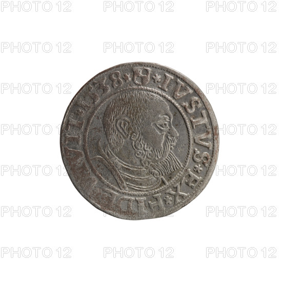 grosz, Vogelwaider (Vogelwaid), Eustachius, publisher, Decius, Jost Ludwik (fl. 1528-1535), Albrecht Hohenzollern (Prince of Prussia; 1490-1568) - iconography, eagles, Hohenzollern (coat of arms), male busts in armor, Obv. Prussian eagle, on its chest a crowned letter S. On the rim between the pearl borders an inscription beginning with a rosette AL, D*G*MAR*BRAN*DVX*PRVSS Rw. Male bust in armor, profile turned to the right, short hair, beard with sideburns. On the rim, between the pearl borders, an inscription beginning with the Hohenzollern coat of arms: *IVSTVS*EX*FIDE, 1538, Königsberg, Ducal Prussia (1525-1701), coin: diameter 23.5 mm, weight 1.84 g, axis 45 degrees.