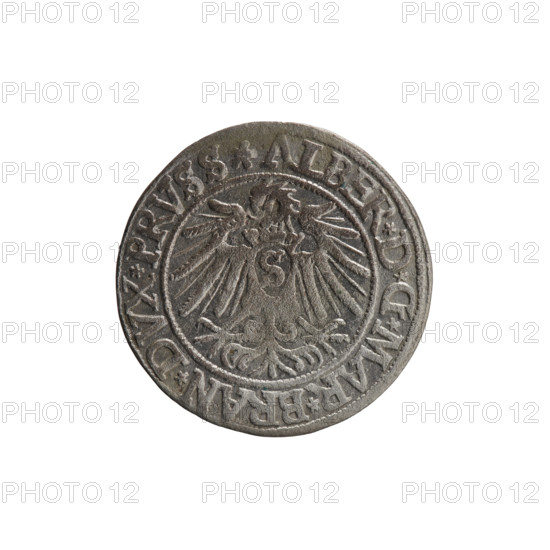 grosz; Vogelwaider (Vogelwaid), Eustachius, publisher; Decius, Jost Ludwik (fl. 1528–1535); Albrecht Hohenzollern (Prince of Prussia; 1490–1568). Iconography: eagles, male busts in armor, Hohenzollern coat of arms. Obverse: Prussian eagle; on its chest a crowned letter S. On the rim between the pearl borders an inscription beginning with a rosette: ALBER*D*G*MAR*BRAN*DVX*PRVSS. Reverse: male bust in armor, profile turned to the right, short hair, beard with sideburns. On the rim, between the pearly borders, an inscription beginning with the Hohenzollern coat of arms: *IVSTVS*EX*FIDE*VIVIT*I538*. Date: 1538, Königsberg, Ducal Prussia (1525–1701). Coin: diameter 23.5 mm, weight 1.93 g, axis 135°.