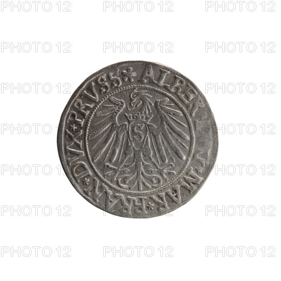 Obverse: Prussian eagle, on its chest a crowned letter S. On the rim between the pearl borders an inscription beginning with a rosette ALBER, *MAR*BRAN*DVX*PRVSS. Reverse: Male bust in armor, profile turned to the right, short hair, beard with sideburns. On the rim, between the pearl borders, an inscription beginning with the Hohenzollern coat of arms: *IVSTVS*EX*FIDE*VIVIT* I538*. Maker/publisher: grosz; Vogelwaider (Vogelwaid), Eustachius; Decius, Jost Ludwik (fl. 1528–1535). Subject/iconography: Albrecht Hohenzollern (Prince of Prussia; 1490–1568), eagles, Hohenzollern (coat of arms), male busts in armor. Date/place: 1538, Königsberg, Ducal Prussia (1525–1701). Object type/materials: coin; diameter 23.5 mm; weight 2.01 g; axis 30 degrees.