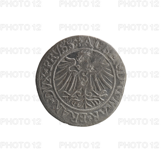 grosz; Vogelwaider (Vogelwaid), Eustachius, publisher; Decius, Jost Ludwik (fl. 1528–1535); Albrecht Hohenzollern (Prince of Prussia; 1490–1568) — iconography: eagles, Hohenzollern coat of arms, male busts in armor. Obv.: Prussian eagle with a crowned letter S on its chest; on the rim between pearl borders an inscription beginning with a rosette AL, D*G*MAR*BRAN*DVX*PRVSS. Rev.: male bust in armor, profile right, short hair, beard with sideburns; on the rim between pearl borders an inscription beginning with the Hohenzollern coat of arms: *IVSTVS*EX*FIDE*VIVIT*I538*. 1538, Königsberg, Ducal Prussia (1525–1701). Coin. Diameter 23.2 mm; weight 1.74 g; axis 315°.