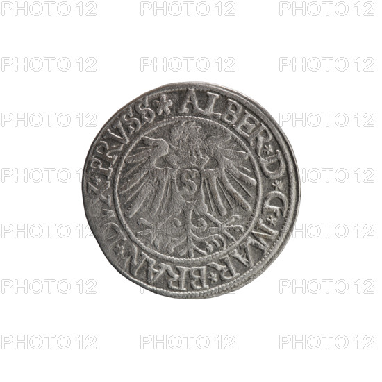 grosz; Vogelwaider (Vogelwaid), Eustachius, publisher; Decius, Jost Ludwik (fl. 1528-1535); 1538; Königsberg, Ducal Prussia (1525–1701); coin (grosz); material: coin; diameter 23.4 mm; weight 1.96 g; axis 320°; iconography: obv. Prussian eagle with on its chest a crowned letter S; on the rim between pearl borders an inscription beginning with a rosette ALBER*D*G*MAR*BRAN*DVX*PRVSS; rev. male bust in armor, profile right, short hair, beard with sideburns; on the rim between pearl borders an inscription beginning with the Hohenzollern coat of arms: *IVSTVS*EX*FIDE*VIVIT*I538*.