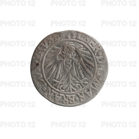 grosz, Vogelwaider (Vogelwaid), Eustachius, publisher, Decius, Jost Ludwik (fl. 1528-1535), eagles, Albrecht Hohenzollern (Prince of Prussia; 1490-1568) - iconography, Hohenzollern (coat of arms), male busts in armor. Obv. Prussian eagle, on its chest a crowned letter S. On the rim between the pearl borders an inscription beginning with a rosette, AL, D*G*MAR*BRAN*DV, PRVSS Rw. Male bust in armor, profile turned to the right, short hair, beard with sideburns. On the rim, between the pearl borders, an inscription beginning with the Hohenzollern coat of arms *IVSTVS*EX*FIDE*VIVIT*I539*, 1539. Ducal Prussia (1525-1701), Königsberg. Coin: diameter 23.0 mm, weight 1.82 g, axis 30 degrees.