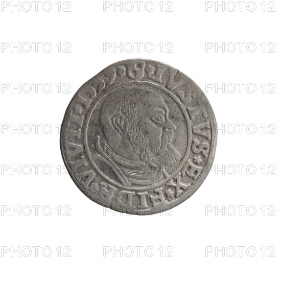 grosz; Vogelwaider (Vogelwaid) Eustachius, publisher; Decius, Jost Ludwik (fl. 1528–1535); eagles; Albrecht Hohenzollern (Prince of Prussia; 1490–1568) — iconography; Hohenzollern (coat of arms); male busts in armor. Obv.: Prussian eagle, on its chest a crowned letter S. On the rim between the pearl borders an inscription beginning with a rosette: AL, D*G*MAR*BRAN*DV, PRVSS Rw. Male bust in armor, profile turned to the right, short hair, beard with sideburns. On the rim, between the pearl borders, an inscription beginning with the Hohenzollern coat of arms: *IVSTVS*EX*FIDE*VIVIT*I539*. Date: 1539. Place: Ducal Prussia (1525–1701), Königsberg. Coin: diameter 23.0 mm, weight 1.82 g, axis 30°.