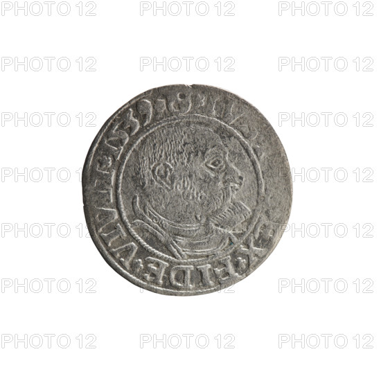 grosz, Vogelwaider (Vogelwaid), Eustachius, publisher, Decius, Jost Ludwik (fl. 1528-1535). Albrecht Hohenzollern (Prince of Prussia; 1490–1568) — iconography. Hohenzollern coat of arms, eagles, male busts in armor. Obv.: Prussian eagle, on its chest a crowned letter S; on the rim between the pearl borders an inscription beginning with a rosette ALBER*D*G, *BRAN*DVX*. Male bust in armor, profile turned to the right, short hair, beard with sideburns. On the rim, between the pearl borders, an inscription beginning with the Hohenzollern coat of arms *IV, EX*FIDE*VIVIT* I539*. 1539, Königsberg, Ducal Prussia (1525–1701). Coin: diameter 23.2 mm, weight 1.59 g, axis 135°.