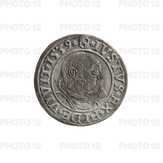 grosz, Vogelwaider (Vogelwaid), Eustachius, publisher, Decius, Jost Ludwik (fl. 1528-1535), Albrecht Hohenzollern (Prince of Prussia; 1490-1568) - iconography, eagles, Hohenzollern (coat of arms), male busts in armor. Obv. Prussian eagle, on its chest a crowned letter S. On the rim between the pearl borders an inscription beginning with a rosette ALBER*D*G*MAR*BRAN*DVX*PRVSS. Rv. Male bust in armor, profile turned to the right, short hair, beard with sideburns. On the rim, between the pearl borders, an inscription beginning with the Hohenzollern coat of arms: *IVSTVS*EX*FIDE*VIVIT*I539*. 1539, Königsberg, Ducal Prussia (1525-1701). Coin: diameter 23.6 mm, weight 1.63 g, axis 260 degrees.