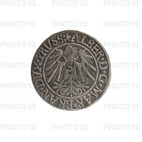 grosz, Vogelwaider (Vogelwaid), Eustachius, publisher, Decius, Jost Ludwik (fl. 1528-1535), Albrecht Hohenzollern (Prince of Prussia; 1490-1568) - iconography, eagles, male busts in armor, Hohenzollern (coat of arms). Obv. Prussian eagle, on its chest a crowned letter S. On the rim between the pearl borders an inscription beginning with a rosette AL, D*G*MAR*BRAN*DVX*PRVSS. Rv. Male bust in armor, profile turned to the right, short hair, beard with sideburns. On the rim, between the pearl borders, an inscription beginning with the Hohenzollern coat of arms *IVSTVS*EX*FIDE*VIVIT* I539*. 1539, Ducal Prussia (1525-1701), Königsberg, coin; diameter 23.4 mm, weight 2.02 g, axis 0°.
