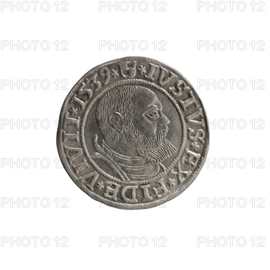 grosz; Vogelwaider (Vogelwaid), Eustachius, publisher; Decius, Jost Ludwik (fl. 1528–1535); Albrecht Hohenzollern (Prince of Prussia; 1490–1568). Iconography: eagles, male busts in armor, Hohenzollern coat of arms. Obv.: Prussian eagle, on its chest a crowned letter S; on the rim between pearl borders an inscription beginning with a rosette AL D*G*MAR*BRAN*DVX*PRVSS. Rev.: male bust in armor, profile turned right, short hair, beard with sideburns; on the rim between pearl borders an inscription beginning with the Hohenzollern coat of arms *IVSTVS*EX*FIDE*VIVIT* I539*. 1539, Ducal Prussia (1525–1701), Königsberg. Coin: diameter 23.4 mm, weight 2.02 g, axis 0°.