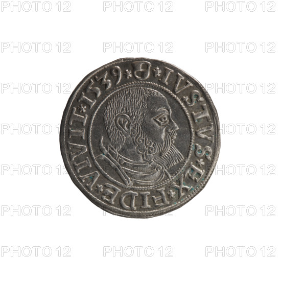 grosz; Vogelwaider (Vogelwaid), Eustachius, publisher; Decius, Jost Ludwik (fl. 1528–1535); Albrecht Hohenzollern (Prince of Prussia; 1490–1568). Iconography: eagles, male busts in armor, Hohenzollern coat of arms. Obverse: Prussian eagle, on its chest a crowned letter S; on the rim between pearl borders an inscription beginning with a rosette ALBER*D*G*MAR*BRAN*DVX*PRVSS. Reverse: male bust in armor, profile turned right, short hair, beard with sideburns; on the rim between pearly borders an inscription beginning with the Hohenzollern coat of arms: *IVSTVS*EX*FIDE*VIVIT*I539*. Date: 1539, Königsberg, Ducal Prussia (1525–1701). Coin: diameter 23.8 mm, weight 2.00 g, axis 315°.