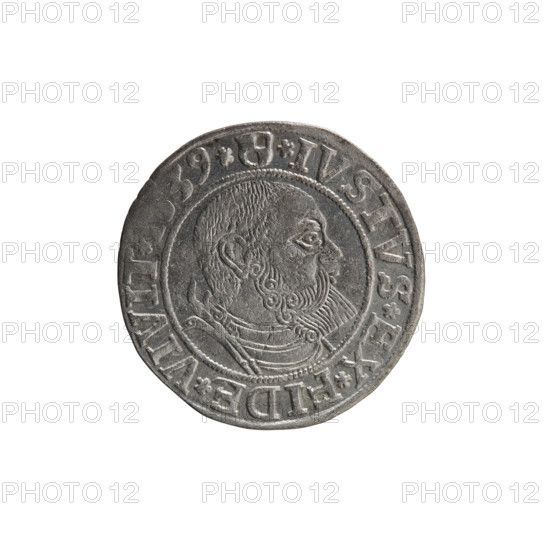 grosz, Vogelwaider (Vogelwaid), Eustachius, publisher, Decius, Jost Ludwik (fl. 1528-1535), Albrecht Hohenzollern (Prince of Prussia; 1490-1568) - iconography, eagles, Hohenzollern (coat of arms), male busts in armor. Obv. Prussian eagle, on its chest a crowned letter S. On the rim between the pearl borders an inscription beginning with a rosette ALBER*D*G*MAR*BRAN*DVX*P. Rv. Male bust in armor, profile turned to the right, short hair, beard with sideburns. On the rim, between the pearl borders, an inscription beginning with the Hohenzollern coat of arms: *IVSTVS*EX*FIDE*VIVIT*, 39*, 1539, Königsberg, Ducal Prussia (1525-1701), coin; diameter 23.2 mm; weight 1.93 g; axis 135 degrees.