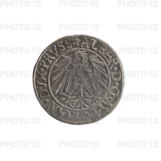 Grosz, Vogelwaider (Vogelwaid), Eustachius, publisher; Decius, Jost Ludwik (fl. 1528–1535); Albrecht Hohenzollern (Prince of Prussia; 1490–1568). Iconography: eagles, male busts in armor, Hohenzollern (coat of arms). Obverse: Prussian eagle, on its chest a crowned letter S; on the rim between pearl borders an inscription beginning with a rosette ALBER*D*G*MA,RAN*DVX*PRVSS. Reverse: male bust in armor, profile turned to the right, short hair, beard with sideburns; on the rim between the pearl borders an inscription beginning with the Hohenzollern coat of arms: *IVSTVS*EX*FIDE*VIVIT*I539*. Date/place: 1539, Königsberg, Ducal Prussia (1525–1701). Object: coin. Measurements: diameter 23.4 mm, weight 2.02 g, axis 220°.