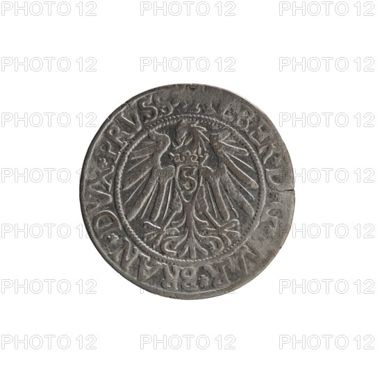 grosz; Vogelwaider (Vogelwaid), Eustachius, publisher; Decius, Jost Ludwik (fl. 1528-1535); Albrecht Hohenzollern (Prince of Prussia; 1490-1568). Iconography: eagles, Hohenzollern (coat of arms), male busts in armor. Obverse: Prussian eagle, on its chest a crowned letter S; on the rim between the pearl borders an inscription beginning with a rosette, BER*D*G, AR*BRAN*DVX*PRVSS. Reverse: male bust in armor, profile turned to the right, short hair, beard with sideburns; on the rim between the pearl borders an inscription beginning with the Hohenzollern coat of arms, IVSTVS, X*FIDE*VIVIT*I53. Date: 1539, Königsberg, Ducal Prussia (1525–1701). Coin: diameter 23.4 mm, weight 1.89 g, axis 220°.
