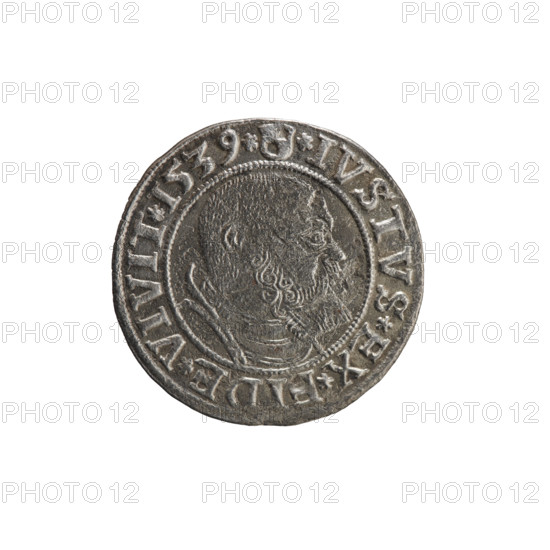 grosz; Vogelwaider (Vogelwaid), Eustachius, publisher; Decius, Jost Ludwik (fl. 1528-1535); eagles; Albrecht Hohenzollern (Prince of Prussia; 1490-1568) — iconography; Hohenzollern (coat of arms); male busts in armor. Obverse: Prussian eagle, on its chest a crowned letter S. On the rim between the pearl borders an inscription beginning with a rosette ALBER*D*G*MAR*BRAN*DVX*PRVSS. Reverse: male bust in armor, profile turned to the right, short hair, beard with sideburns. On the rim, between the pearl borders, an inscription beginning with the Hohenzollern coat of arms: *IVSTVS*EX*FIDE*VIVIT*I539*. Date: 1539. Place: Königsberg, Ducal Prussia (1525–1701). Coin; diameter 23.4 mm; weight 1.73 g; axis 225°.