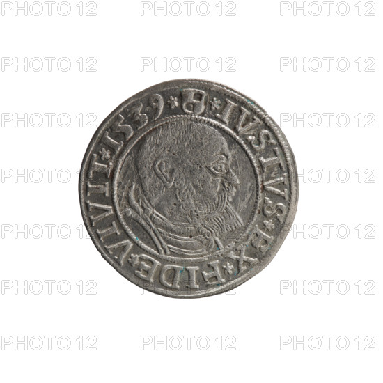 Artist: Decius Grosz; publisher: Eustachius Vogelwaider (Vogelwaid). Albrecht Hohenzollern (Prince of Prussia; 1490–1568) — iconography: eagles, Hohenzollern coat of arms, male busts in armor. Obverse: Prussian eagle, on its chest a crowned letter S; on the rim between pearl borders an inscription beginning with a rosette: ALBER*D*G*MAR*BRAN*DVX*PRVSS. Reverse: male bust in armor, profile right, short hair, beard with sideburns; on the rim between pearl borders an inscription beginning with the Hohenzollern coat of arms: *IVSTVS*EX*FIDE*VIVIT*I539*. Date: 1539, place: Königsberg, Ducal Prussia (1525–1701). Object: coin; diameter 23.6 mm; weight 1.92 g; axis 100°.
