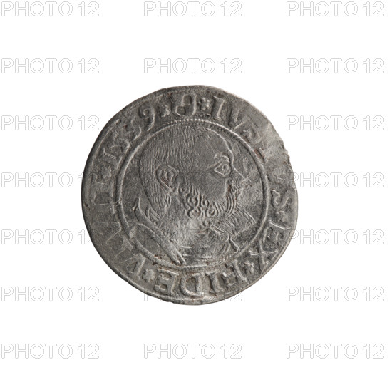 grosz; Vogelwaider (Vogelwaid) Eustachius, publisher; Decius, Jost Ludwik (fl. 1528–1535); eagles; Albrecht Hohenzollern (Prince of Prussia; 1490–1568) — iconography; Hohenzollern (coat of arms); male busts in armor. Obverse: Prussian eagle with on its chest a crowned letter S; on the rim between the pearl borders an inscription beginning with a rosette, AL, MAR*BRAN*DVX*PRVSS. Reverse: male bust in armor, profile turned to the right, short hair, beard with sideburns; on the rim between the pearl borders an inscription beginning with the Hohenzollern coat of arms *IV, VS*EX*FIDE*VIVIT*I539*. Date: 1539, Königsberg, Ducal Prussia (1525–1701). Coin: diameter 23.0 mm, weight 1.80 g, axis 225°.