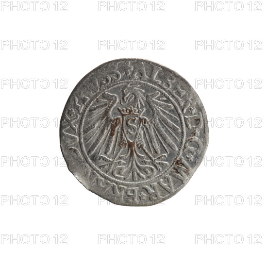 grosz; Vogelwaider (Vogelwaid), Eustachius, publisher; Decius, Jost Ludwik (fl. 1528-1535); eagles; Albrecht Hohenzollern (Prince of Prussia; 1490-1568) - iconography; Hohenzollern (coat of arms); male busts in armor. Obverse: Prussian eagle, on its chest a crowned letter S; on the rim between the pearl borders an inscription beginning with a rosette AL, R*D*G*MAR*BR, VX*P. Reverse: male bust in armor, profile turned to the right, short hair, beard with sideburns; on the rim between the pearl borders an inscription beginning with the Hohenzollern coat of arms, IVS *EX *FIDE *VIVIT *I53. Date: 1539. Place: Königsberg, Ducal Prussia (1525–1701). Object: coin; diameter 23.0 mm; weight 1.85 g; axis 40°.