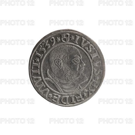 grosz, Vogelwaider (Vogelwaid), Eustachius, publisher, Decius, Jost Ludwik (fl. 1528-1535), Albrecht Hohenzollern (Prince of Prussia; 1490-1568) — iconography: eagles, Hohenzollern (coat of arms), male busts in armor. Obv.: Prussian eagle, on its chest a crowned letter S; on the rim between the pearl borders an inscription beginning with a rosette ALBER*D*G*MAR*BRAN*DVX*PRVSS. Rv.: Male bust in armor, profile turned to the right, short hair, beard with sideburns; on the rim between the pearl borders an inscription beginning with the Hohenzollern coat of arms * IVST, EX * FIDE * VIVIT * I539 *. Date/place: 1539, Königsberg, Ducal Prussia (1525–1701). Object: coin; diameter 23.6 mm, weight 1.92 g, axis 45°.