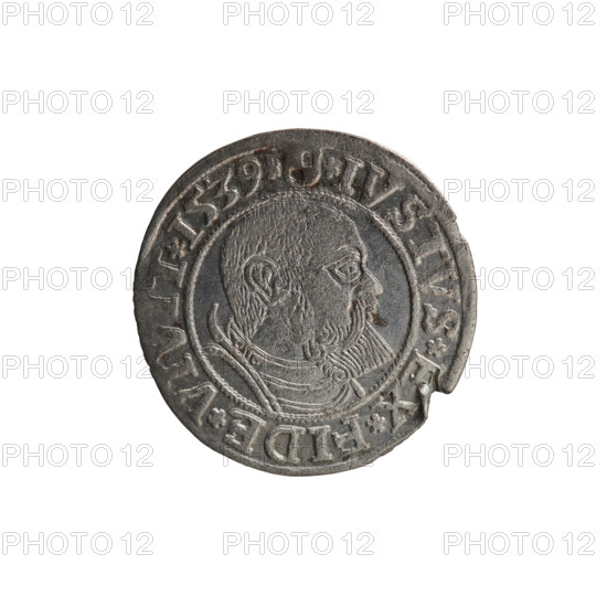 grosz; Vogelwaider (Vogelwaid), Eustachius, publisher; Decius, Jost Ludwik (fl. 1528-1535); Albrecht Hohenzollern (Prince of Prussia; 1490-1568). Obverse: Prussian eagle; on its chest a crowned letter S; on the rim between pearl borders an inscription beginning with a rosette: *D*G*MAR*BRAN*DVX*PRVSS*. Reverse: male bust in armor, profile turned to the right, short hair, beard with sideburns; on the rim between pearl borders an inscription beginning with the Hohenzollern coat of arms: *IVSTVS*EX*FIDE*VIVIT*I539*. 1539, Königsberg, Ducal Prussia (1525–1701). Coin; diameter 23.7 mm; weight 1.94 g; axis 320°.