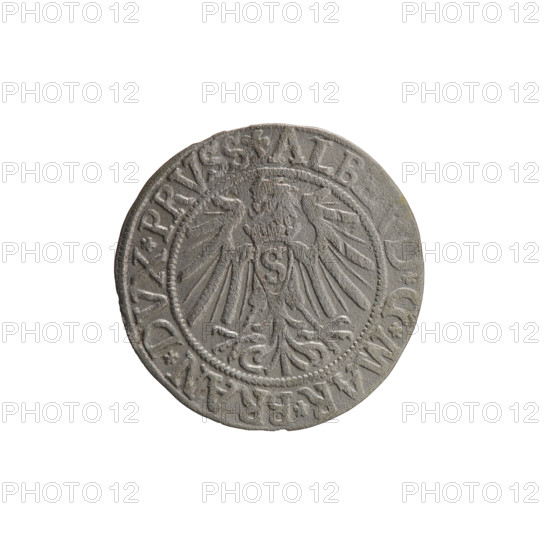 grosz, Vogelwaider (Vogelwaid), Eustachius, publisher, Decius, Jost Ludwik (fl. 1528-1535), Albrecht Hohenzollern (Prince of Prussia; 1490-1568) - iconography, eagles, Hohenzollern (coat of arms), male busts in armor, Obv. Prussian eagle, on its chest a crowned letter S. On the rim between the pearl borders an inscription beginning with a rosette ALB, D*G*MAR*BRAN*DVX*PRVSS. Rv. Male bust in armor, profile turned to the right, short hair, beard with sideburns. On the rim, between the pearl borders, an inscription beginning with the Hohenzollern coat of arms *IVSTVS*EX*FIDE*VIVIT* I539*, 1539, Ducal Prussia (1525-1701), Königsberg, coin, diameter 23.2 mm, weight 1.78 g, axis 100 degrees.