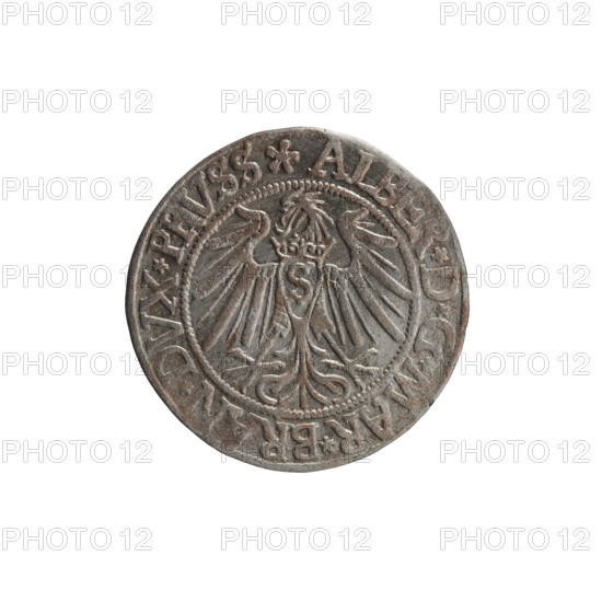 grosz, Vogelwaider (Vogelwaid), Eustachius, publisher, Decius, Jost Ludwik (fl. 1528-1535); eagles; Albrecht Hohenzollern (Prince of Prussia; 1490-1568) — iconography; male busts in armor; Hohenzollern (coat of arms). Obv.: Prussian eagle, on its chest a crowned letter S; on the rim between pearl borders an inscription beginning with a rosette ALBER*D*G*MAR*BRAN*DVX*PRVSS. Rev.: male bust in armor, profile turned to the right, short hair, beard with sideburns; on the rim between the pearl borders an inscription beginning with the Hohenzollern coat of arms *IVSTVS*EX*FIDE*VIVIT*I539*. 1539; Ducal Prussia (1525–1701), Königsberg; coin; diameter 23.5 mm; weight 1.93 g; axis 170°.
