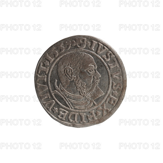 grosz; Vogelwaider (Vogelwaid), Eustachius, publisher; Decius, Jost Ludwik (fl. 1528–1535); eagles; Albrecht Hohenzollern (Prince of Prussia; 1490–1568) — iconography; male busts in armor; Hohenzollern (coat of arms). Obv.: Prussian eagle, on its chest a crowned letter S. On the rim between the pearl borders an inscription beginning with a rosette ALBER*D*G*MAR*BRAN*DVX*PRVSS. Rev.: male bust in armor, profile turned to the right, short hair, beard with sideburns. On the rim, between the pearl borders, an inscription beginning with the Hohenzollern coat of arms *IVSTVS*EX*FIDE*VIVIT* I539*. 1539. Ducal Prussia (1525–1701), Königsberg. Coin: grosz; diameter 23.5 mm; weight 1.93 g; axis 170°.