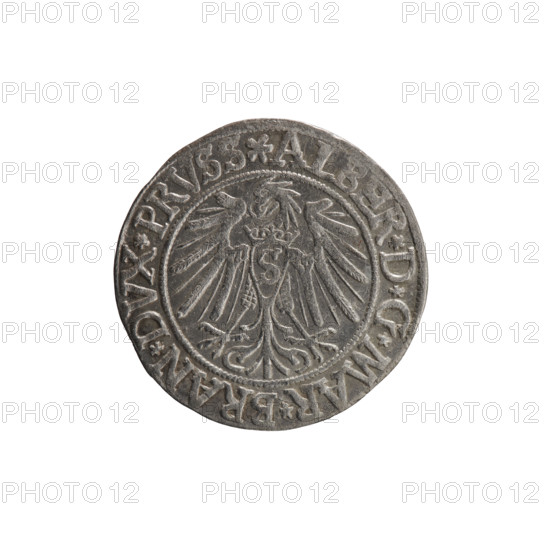 grosz; Vogelwaider (Vogelwaid), Eustachius, publisher; Decius, Jost Ludwik (fl. 1528–1535); Albrecht Hohenzollern (Prince of Prussia; 1490–1568). Iconography: eagles; Hohenzollern (coat of arms); male busts in armor. Obverse: Prussian eagle, on its chest a crowned letter S; on the rim between the pearl borders an inscription beginning with a rosette ALBER*D*G*MAR*BRAN*DVX*PRVSS. Reverse: male bust in armor, profile turned right, short hair, beard with sideburns; on the rim between the pearl borders an inscription beginning with the Hohenzollern coat of arms *IVSTVS*E, FIDE*VIVIT* I539*. Date: 1539. Place: Ducal Prussia (1525–1701), Königsberg. Object: coin (grosz); diameter 23.4 mm; weight 1.92 g; axis 180°.