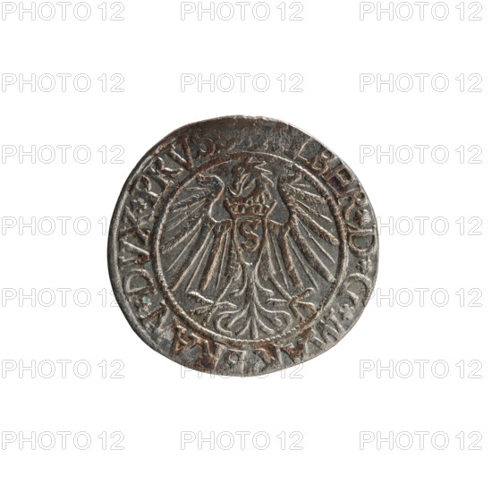 grosz, Decius, Jost Ludwik (fl. 1528-1535), Vogelwaider (Vogelwaid), Eustachius, publisher; eagles; Albrecht Hohenzollern (Prince of Prussia; 1490-1568) - iconography; Hohenzollern (coat of arms); male busts in armor. Obverse: Prussian eagle, on its chest a crowned letter S; on the rim between the pearl borders an inscription beginning with a rosette, LBER*D*G*MAR*BRAN*DVX*PRVS. Reverse: male bust in armor, profile turned to the right, short hair, beard with sideburns; on the rim, between the pearl borders, an inscription beginning with the Hohenzollern coat of arms *IVSTVS*, IDE*VIVIT*I539*. 1539. Ducal Prussia (1525-1701), Königsberg. Coin: diameter 22.6 mm, weight 1.74 g, axis 225 degrees.