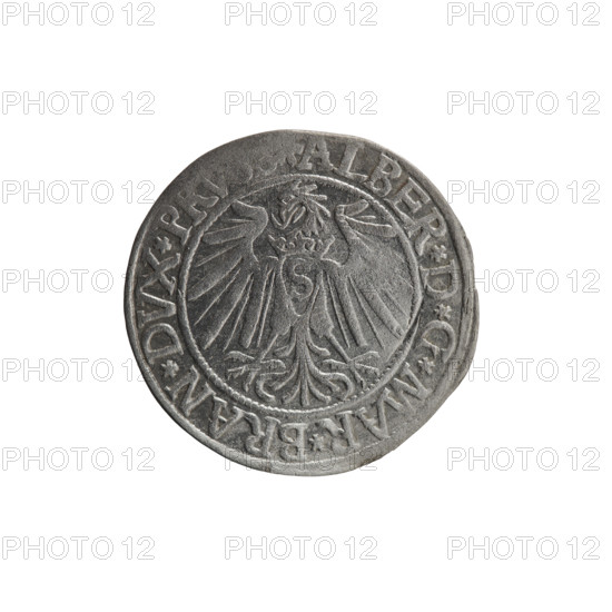 grosz, Decius, Jost Ludwik (fl. 1528-1535), Vogelwaider (Vogelwaid), Eustachius, publisher; eagles; Albrecht Hohenzollern (Prince of Prussia; 1490-1568) - iconography; Hohenzollern (coat of arms); male busts in armor. Obv.: Prussian eagle, on its chest a crowned letter S. On the rim between the pearl borders an inscription beginning with a rosette, ALBER*D*G*MAR*BRAN*DVX*PR. Rev.: Male bust in armor, profile turned to the right, short hair, beard with sideburns. On the rim, between the pearl borders, an inscription beginning with the Hohenzollern coat of arms *IVSTV, *EX*FIDE*VIVIT*I539*. 1539. Ducal Prussia (1525-1701), Königsberg. Coin; diameter 23.9 mm; weight 1.81 g; axis 315°.
