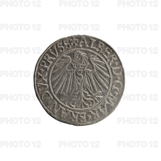 grosz, Vogelwaider (Vogelwaid), Eustachius, publisher, Decius, Jost Ludwik (fl. 1528-1535), eagles, Albrecht Hohenzollern (Prince of Prussia; 1490-1568) - iconography, Hohenzollern (coat of arms), male busts in armor. Obv. Prussian eagle, on its chest a crowned letter S. On the rim between the pearl borders an inscription beginning with a rosette ALBER*D*G*MAR*BRAN*DVX*PRVSS. Rv. Male bust in armor, profile turned to the right, short hair, beard with sideburns. On the rim, between the pearl borders, an inscription beginning with the Hohenzollern coat of arms: *IVSTVS*EX*FIDE*VIVIT*I539*. Date: 1539. Place: Ducal Prussia (1525–1701), Königsberg. Coin: diameter 23.5 mm, weight 2.15 g, axis 135°.