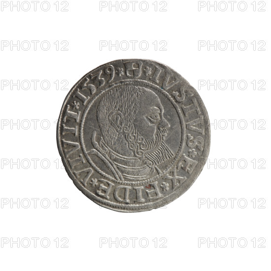 grosz, Vogelwaider (Vogelwaid), Eustachius, publisher, Decius, Jost Ludwik (fl. 1528-1535), eagles, Albrecht Hohenzollern (Prince of Prussia; 1490-1568) - iconography, Hohenzollern (coat of arms), male busts in armor. Obv. Prussian eagle, on its chest a crowned letter S. On the rim between the pearl borders an inscription beginning with a rosette ALBER*D*G*MAR*BRAN*DVX*PRVSS. Rv. Male bust in armor, profile turned to the right, short hair, beard with sideburns. On the rim, between the pearl borders, an inscription beginning with the Hohenzollern coat of arms: *IVSTVS*EX*FIDE*VIVIT*I539*. 1539. Ducal Prussia (1525-1701), Königsberg. Coin: diameter 23.5 mm, weight 2.15 g, axis 135 degrees.
