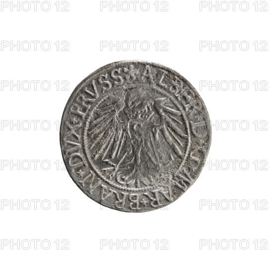 Vogelwaider (Vogelwaid), Eustachius; Decius, Jost Ludwik (fl. 1528–1535). 1539. Ducal Prussia (1525–1701), Königsberg. Coin; diameter 23.0 mm, weight 1.44 g, axis 225°. Obverse: Prussian eagle, on its chest a crowned letter S; on the rim between pearl borders an inscription beginning with a rosette ALBER*D*G*MAR*BRAN*DVX*PRVSS. Reverse: male bust in armor, profile turned to the right, short hair, beard with sideburns; on the rim between the pearl borders an inscription beginning with the Hohenzollern coat of arms: *IVSTVS*EX*FIDE*VIVIT*I539*. Iconography: Hohenzollern (coat of arms); eagles; male busts in armor.