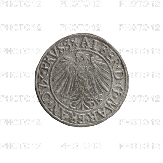 grosz; Vogelwaider (Vogelwaid), Eustachius, publisher; Decius, Jost Ludwik (fl. 1528-1535); eagles; Albrecht Hohenzollern (Prince of Prussia; 1490–1568) — iconography; Hohenzollern (coat of arms); male busts in armor. Obverse: Prussian eagle, on its chest a crowned letter S; on the rim between pearl borders an inscription beginning with a rosette ALBER*D*G*MAR*BRAN*DVX*PRVSS. Reverse: male bust in armor, profile turned to the right, short hair, beard with sideburns; on the rim, between the pearl borders, an inscription beginning with the Hohenzollern coat of arms: *IVSTVS*EX*FIDE*VIVIT*I539*. Date: 1539. Place: Ducal Prussia (1525–1701), Königsberg. Object: coin (grosz); diameter 23.7 mm; weight 1.65 g; axis 225°.