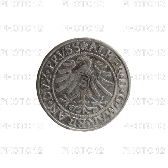 Albrecht Hohenzollern (Prince of Prussia; 1490–1568) — iconography: eagles, male busts in armour, Hohenzollern coat of arms. Obverse: Prussian eagle, on its breast a crowned letter S; along the rim between pearly borders an inscription beginning with a rosette ALBER*D*G*MAR*BRAN*DVX*PRVSS. Reverse: male bust in armor, profile to the right, short hair, beard with sideburns; along the rim between pearly borders an inscription beginning with the Hohenzollern coat of arms *IVSTVS*EX*FIDE*VIVIT*I53Z*. 1532. Ducal Prussia (1525–1701), Königsberg. Coin: diameter 22.9 mm, weight 2.01 g, axis 340°. Makers: Grosz, Wille, Albrecht (fl. 1520–?); Straub (Strawb), Heinrich; publisher Decjusz, Jost Ludwik (fl. 1528–1535).