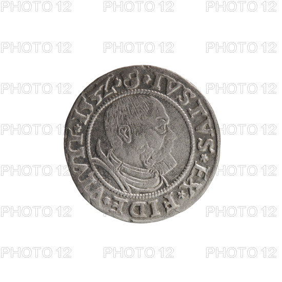 grosz, Wille, Albrecht (fl. 1520-?), publisher; Straub (Strawb), Heinrich, publisher; Decjusz, Jost Ludwik (fl. 1528-1535). Albrecht Hohenzollern (Prince of Prussia; 1490-1568) — iconography: eagles, male bust in armour, Hohenzollern coat of arms; Prussian Eagle with a crowned letter S on its breast. Along the rim, between the pearly borders, an inscription beginning with a rosette: ALBER*D*G*MAR*BRAN*DVX*PRVSS. Reverse: male bust in armor, profile turned to the right, short hair, beard with sideburns. Along the rim, between the pearly borders, an inscription beginning with the Hohenzollern coat of arms: *IVSTVS*EX*FIDE*VIVIT* I53Z*. 1532. Ducal Prussia (1525-1701), Königsberg. Coin: diameter 22.9 mm, weight 2.01 g, axis 340°.