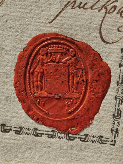 Oval wax impression of the signet seal of Colonel de Pouppart. Under the nine-baton count's crown there is a shield with an illegible coat of arms, supported by two savage men. The document is a form to be filled out, only signed and stamped with a wax seal. 18th century, Poland, seal., A round red wax seal pressed onto textured beige paper, showing a raised oval design with human figures and ornamental shapes, surrounded by irregular melted edges and small black specks on the wax; the paper has a printed decorative border in dark gray and some cursive markings near the top in brown.