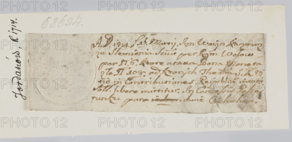 Round imprint of the customs house seal in Jordanów. A crowned eagle with the Saxon coat of arms on its chest. Below, under the crown, a shield with an illegible coat of arms. Date 17 03 and the letters P.T R. In the rim, the inscription: SIGILUM THELONEORUM REIPUBLICA POLONIAE. 1703. Poland, Jordanów.