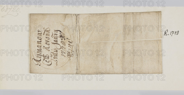Oval impression of the seal of the customs house in Rymanów. A crowned eagle with the Saxon coat of arms on its chest; below, on a crowned shield, the Odrowaz coat of arms; behind the shield two keys; on the sides two eagles supporting the coat of arms. Below the shield an order. Letters: KISW//OHPK. Inscription around the rim: SIGILL: THELON: REIPUBL: PROVINC: MINORIS: POLONIAE: ANNO 1745. Date: 1745. Place: Rymanów, Poland. Medium: paper stamp. Dimensions: 44.5 mm and 51 mm.