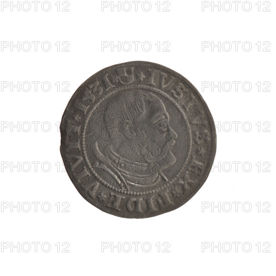 grosz; Straub (Strawb), Heinrich, publisher; Wille, Albrecht (fl. 1520-?), publisher; Decjusz, Jost Ludwik (fl. 1528-1535); R1 (rarity). Eagles; Albrecht Hohenzollern (Prince of Prussia; 1490-1568) — iconography; Hohenzollern coat of arms; male busts in armour; rosettes. Obverse: Prussian eagle, on its breast a crowned letter S; along the rim, between the pearly borders, an inscription beginning with a rosette ALBER*D*G*MAR*BRAN*DVX*PRVS. Reverse: male bust in armor, profile turned to the right, short hair, beard with sideburns; along the rim, between the pearly borders, an inscription beginning with the Hohenzollern coat of arms *IVSTVS*EX*FIDE*VIVIT*I53I*. 1531. Ducal Prussia (1525–1701), Königsberg. Coin; diameter 22.6 mm; weight 1.63 g; axis 140 degrees.