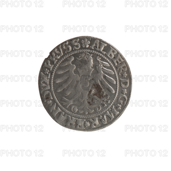 grosz; Straub (Strawb), Heinrich, publisher; Wille, Albrecht (fl. 1520-?), publisher; Decjusz, Jost Ludwik (fl. 1528-1535); R1 (rarity); eagles; Albrecht Hohenzollern (Prince of Prussia; 1490-1568) - iconography; Hohenzollern (coat of arms); rosettes; male busts in armour; Aw. Prussian Eagle, on its breast a crowned letter S. Along the rim, between the pearly borders, an inscription beginning with a rosette ALBER*D*G*MAR*BRAN*DVX*PRVSS. Rw. Male bust in armor, profile turned to the right, short hair, beard with sideburns. Along the rim, between the pearly borders, an inscription beginning with the Hohenzollern coat of arms *IVSTVS*EX*FIDE*VIVIT*I53I*. 1531. Ducal Prussia (1525-1701), Königsberg. Coin: diameter 22.0 mm; weight 1.71 g; axis 225°.