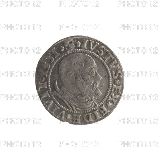 grosz; Straub (Strawb), Heinrich, publisher; Wille, Albrecht (fl. 1520-?), publisher; Decjusz, Jost Ludwik (fl. 1528-1535); R1 (rarity); eagles; Albrecht Hohenzollern (Prince of Prussia; 1490-1568) - iconography; Hohenzollern (coat of arms); rosettes; male busts in armour; Aw. Prussian Eagle, on its breast a crowned letter S. Along the rim, between the pearly borders, an inscription beginning with a rosette ALBER*D*G*MAR*BRAN*DVX*PRVSS. Rw. Male bust in armor, profile turned to the right, short hair, beard with sideburns. Along the rim, between the pearly borders, an inscription beginning with the Hohenzollern coat of arms *IVSTVS*EX*FIDE*VIVIT*I53I*. 1531. Ducal Prussia (1525-1701), Königsberg. Coin: diameter 22.0 mm, weight 1.71 g, axis 225°.