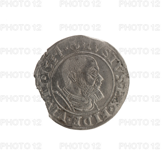 grosz, Straub (Strawb), Heinrich, publisher, Wille, Albrecht (fl. 1520-?), publisher, Decjusz, Jost Ludwik (fl. 1528-1535), Albrecht Hohenzollern (Prince of Prussia; 1490-1568) - iconography, eagles, rosettes, Lebki Wielkie treasure (numism.), Hohenzollern (coat of arms), male busts in armour, Aw. Prussian Eagle, on its breast a crowned letter S. Along the rim, between the pearly borders, an inscription beginning with a rosette ALBER*D*G*MAR*BRAN*DVX*PRVSS Rw. Male bust in armor, profile turned to the right, short hair, beard with sideburns. Along the rim, between the pearly borders, an inscription beginning with the Hohenzollern coat of arms shield *IVSTVS*EX*FIDE*VIVIT*I534*, 1534, Ducal Prussia (1525-1701), Königsberg, coin, coin: diameter 23.0 mm, weight 1.61 g, axis 225 degrees.