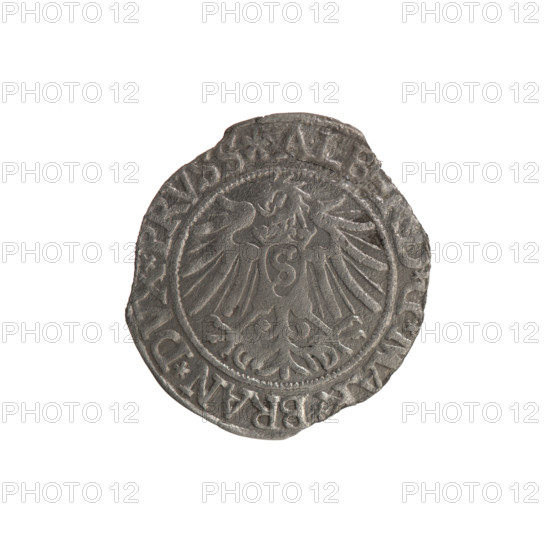 grosz; Vogelwaider (Vogelwaid), Eustachius, publisher; Decius, Jost Ludwik (fl. 1528–1535); Albrecht Hohenzollern (Prince of Prussia; 1490–1568). Iconography: eagles, Hohenzollern (coat of arms), rosettes, male busts in armor. Obverse: Prussian Eagle, on its breast a crowned letter S; along the rim, between pearly borders, an inscription beginning with a rosette ALBER*D*G*MAR*BRAN*DVX*PRVSS. Reverse: male bust in armor, profile to right, short hair, beard with sideburns; along the rim, between pearly borders, an inscription beginning with the Hohenzollern coat of arms *IVSTVS*EX*FIDE*VIVIT*I538*. Date: 1538. Place: Ducal Prussia (1525–1701), Königsberg. Coin: grosz; diameter 23.6 mm; weight 1.11 g; axis 200°.